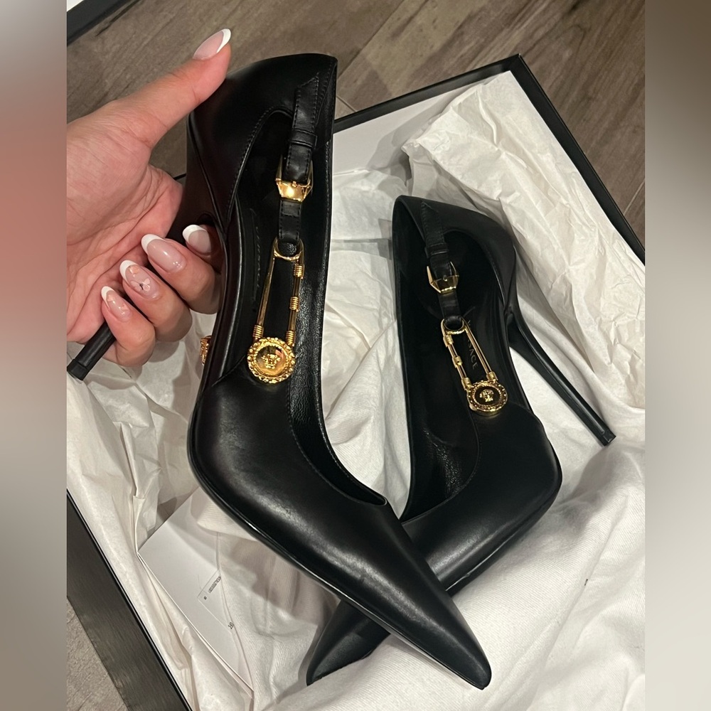 Versace Black Heels with Gold Detailing